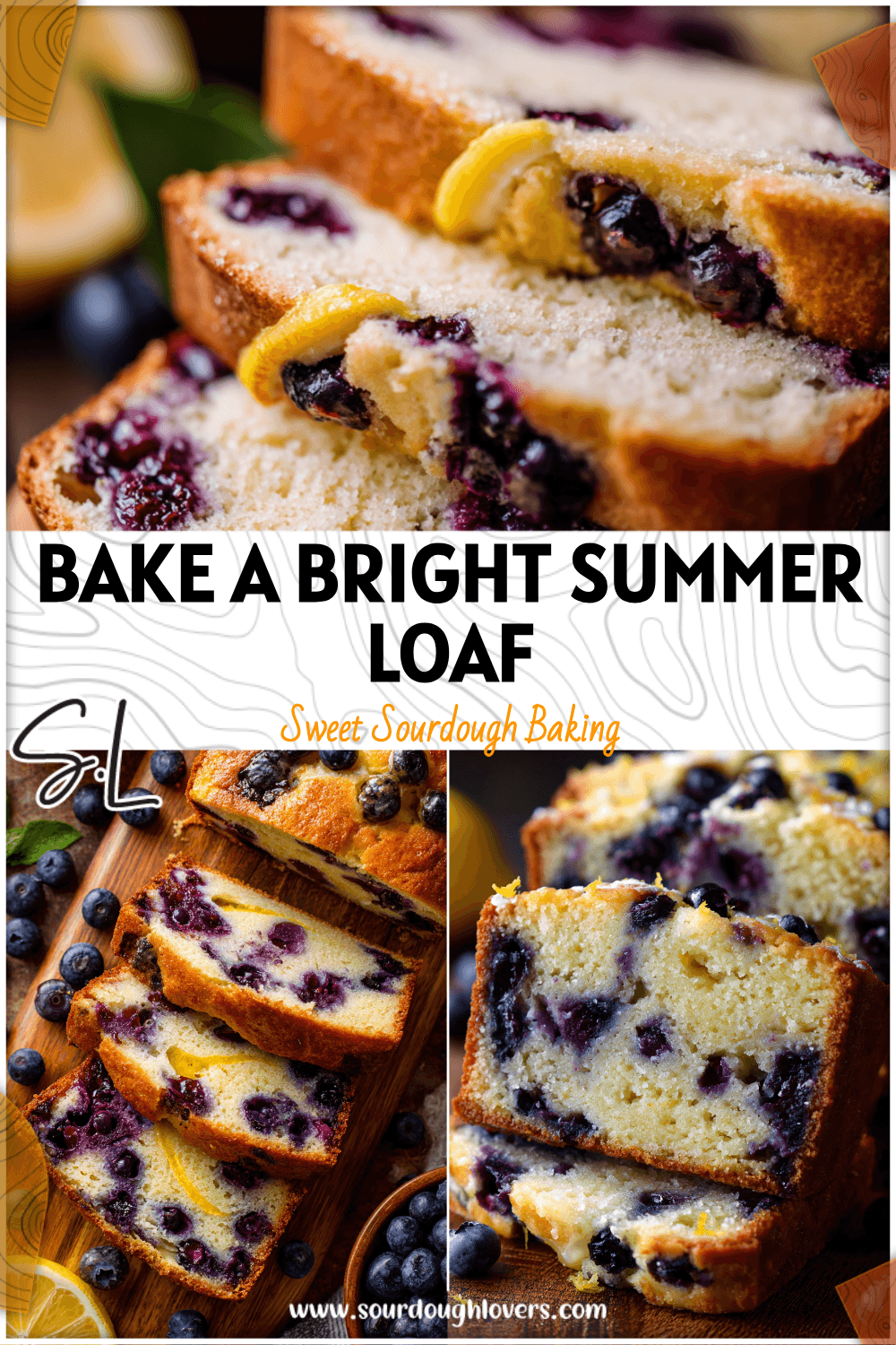 Golden Sourdough Lemon Blueberry Loaf sliced to show juicy blueberries and lemon zest swirl.